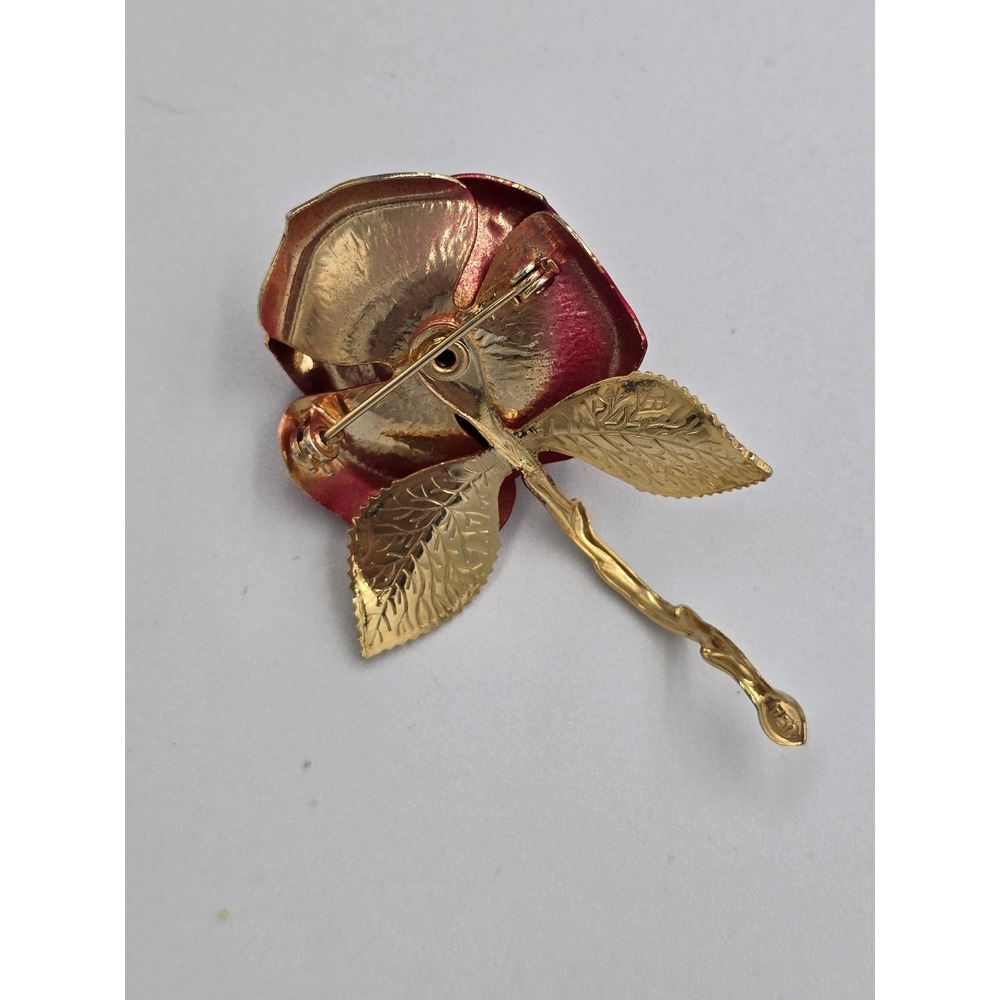Vintage Giovanni USA Gold Tone Red Rose of Love Brooch 2.5" - Picture 6 of 8